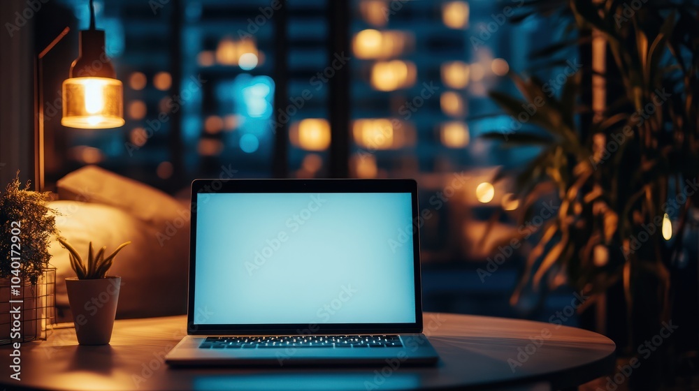 modern laptop with blank screen on a table in a smart city office setting with blurred background modern laptop with blank screen on a table in a smart city office setting with blurred background