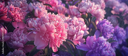 Fototapeta Naklejka Na Ścianę i Meble -  Close up photo of blooming pink and purple peonies in a botanical garden captured during summer and spring with copy space for text