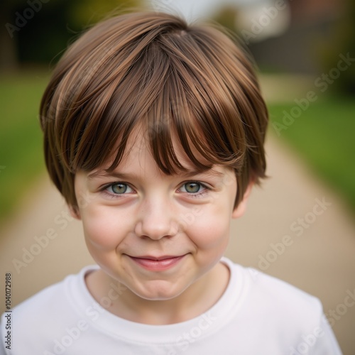 Young boy brown hair blue eyes gazes into the lens photo