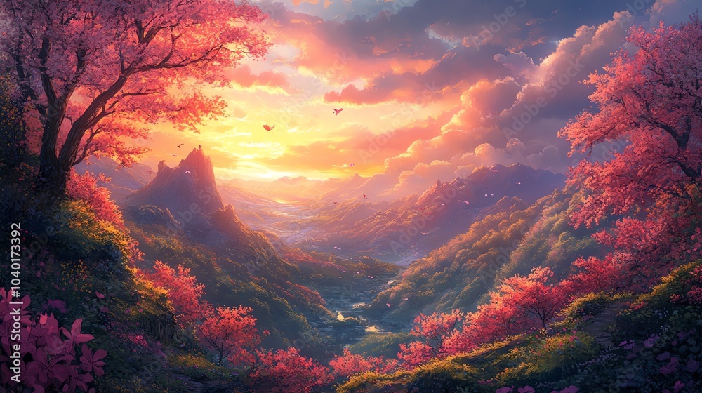 Vibrant sunset over mountains with blooming cherry trees. Vibrant sunset over mountains with blooming cherry trees.