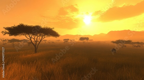 Vast African savanna landscape at sunrise, with plenty of space for copy in the sky