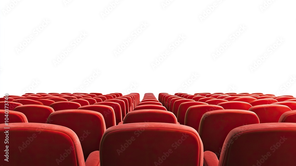 Naklejka premium Empty cinema with rows of red velvet seats, the screen waiting for the next screening, isolated on white