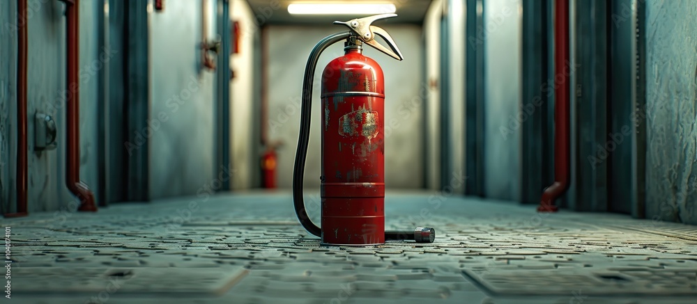 Copy space image of a fire extinguisher placed on the hallway floor available for text Copy space image of a fire extinguisher placed on the hallway floor available for text