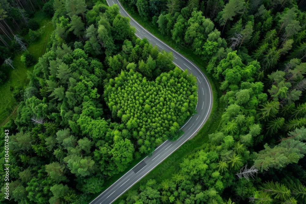 A winding road surrounded by lush greenery leads to a heart-shaped grove, symbolizing a journey toward love A winding road surrounded by lush greenery leads to a heart-shaped grove, symbolizing a journey toward love