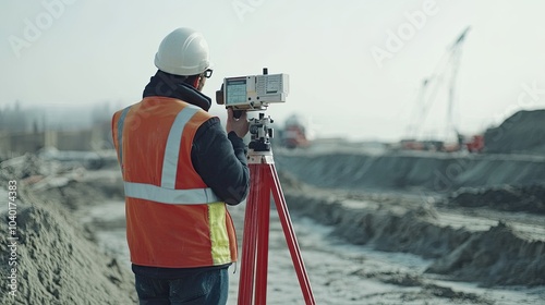 Engineer at a construction site using theodolite transit equipment to perform detailed measurements, set against white