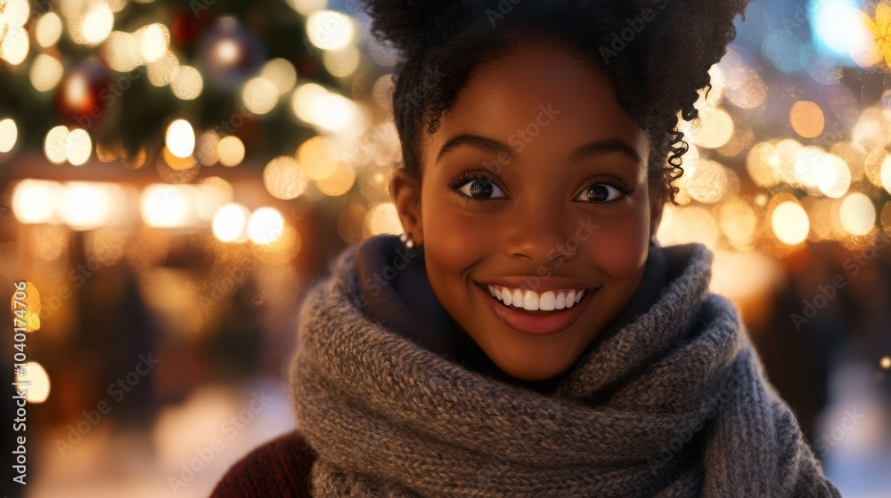 A young woman with curly dark hair is smiling as she stands in front of a Christmas market. A young woman with curly dark hair is smiling as she stands in front of a Christmas market.