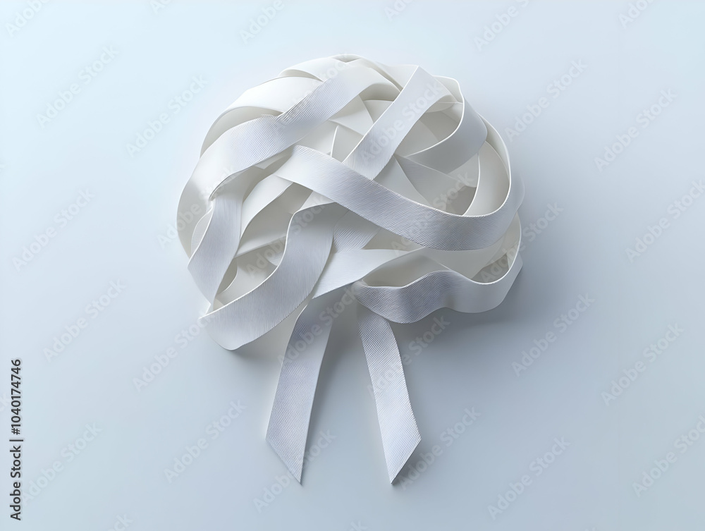 Flat White Mental Health Awareness Ribbon Illustration - White Ribbon Forming Brain Shape for Mental Health Symbolism, Dual Meaning, Isolated on White Background, Simple Flat Vector Design Flat White Mental Health Awareness Ribbon Illustration - White Ribbon Forming Brain Shape for Mental Health Symbolism, Dual Meaning, Isolated on White Background, Simple Flat Vector Design