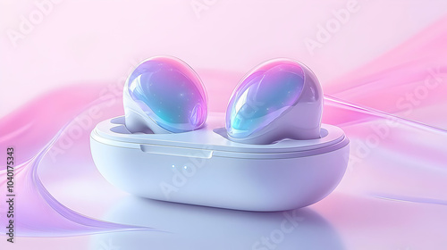 3D Holographic Wireless Earbuds with Floating Soundwaves Concept Tilt Shot Low Angle White Charging Case Camera Tilt Holographic Soundwaves Above Earbuds Ample Copy Space White Background Icon photo