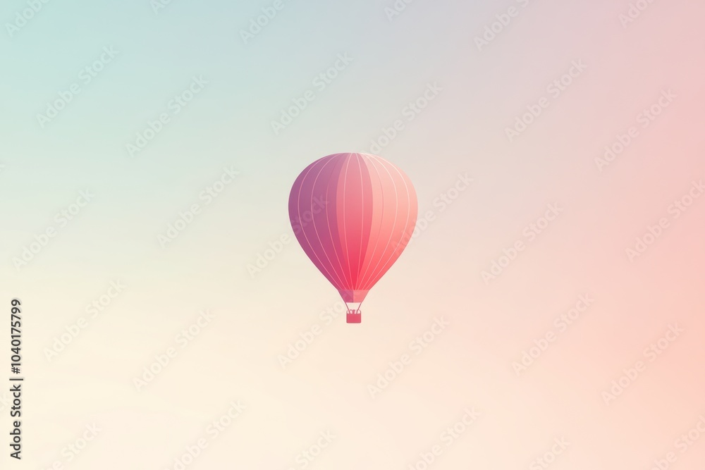 Fototapeta premium A hot air balloon floats gently in a pastel sky as the sun sets, inviting a feeling of calm and wonder in the quiet evening air. Generative AI