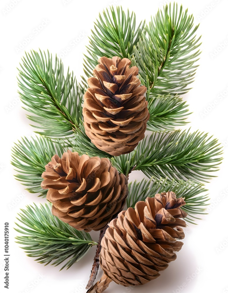 Close-up of pine cones and a pine branch isolated on a white background, evoking a natural and festive atmosphere. Close-up of pine cones and a pine branch isolated on a white background, evoking a natural and festive atmosphere.