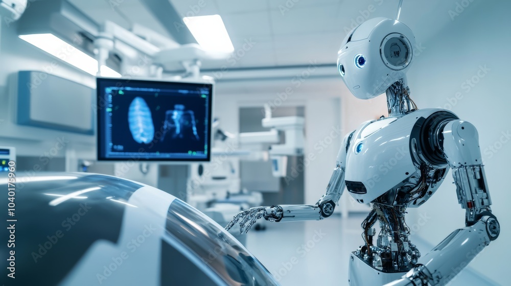 A robot managing high-tech medical imaging devices in a state-of-the-art diagnostic center with sophisticated imaging tools, clean and sterile environment, Medical-tech style A robot managing high-tech medical imaging devices in a state-of-the-art diagnostic center with sophisticated imaging tools, clean and sterile environment, Medical-tech style