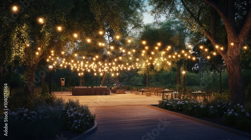 Outdoor event space at twilight is illuminated with string lights hanging from the trees. The stage lights are glowing in the background