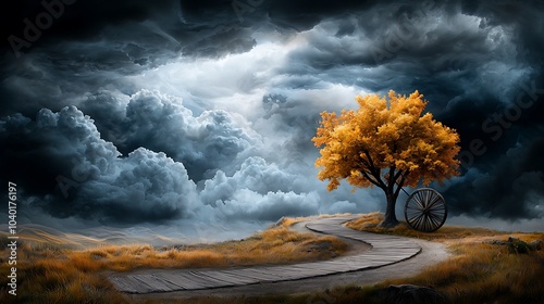 A massive wooden cartwheel standing still on a dirt path under a stormy sky, symbolizing karma and the cycle of life, Ultra-Realistic, Photo Realistic, highly detailed, 