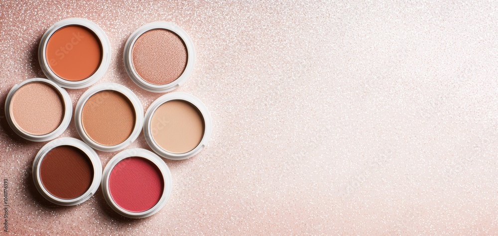 Luxurious White Makeup Compacts in Semi-Circle on Pink Sparkle Background - Beauty Products Array for Glamorous Cosmetics Design Concept Luxurious White Makeup Compacts in Semi-Circle on Pink Sparkle Background - Beauty Products Array for Glamorous Cosmetics Design Concept