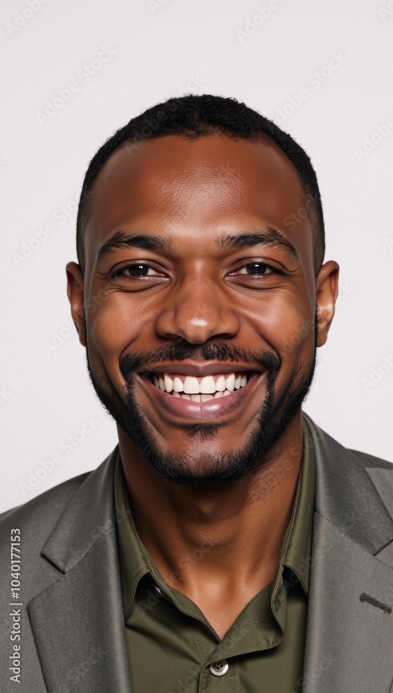 Close-up portrait of a smiling African American man facing the camera against a pure white background Close-up portrait of a smiling African American man facing the camera against a pure white background