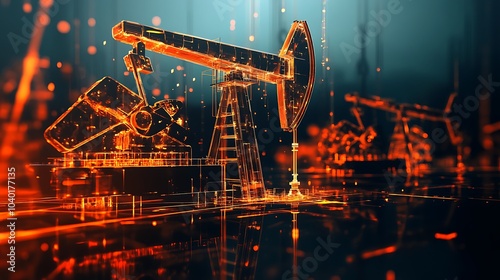 Abstract digital rendering of an oil pump in a field, with glowing lines and particles.