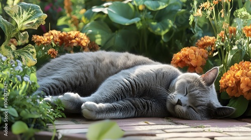 A Chartreux cat peacefully napping by a garden during a spring fair , High-resolution,Ultra-realistic,Crystal-clear photo