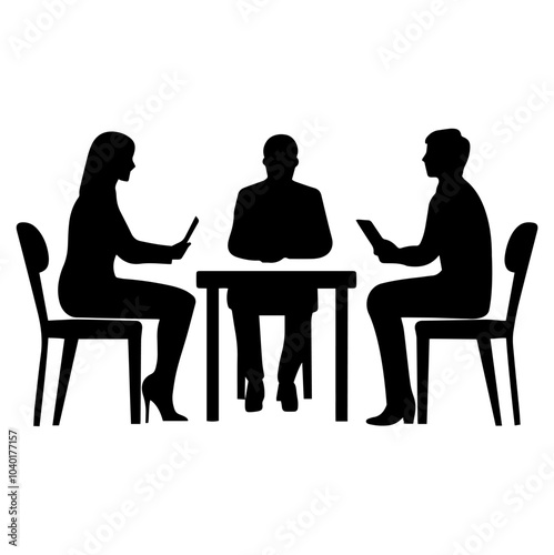  two participants using tablets while seated across from a central figure in a modern conference room