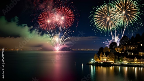 Vibrant fireworks illuminate the night sky over serene Lake Leman in Montreux Switzerland on New Year's Eve celebration display. photo