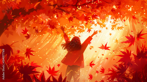 a girl catching falling autumn maple leaves illustration, autumn seasonal art, card background