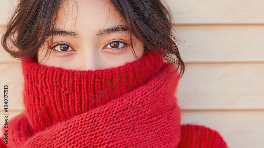 Close-up of a woman in a cozy red scarf against a neutral background showcasing her striking eyes and soft features during winter Close-up of a woman in a cozy red scarf against a neutral background showcasing her striking eyes and soft features during winter