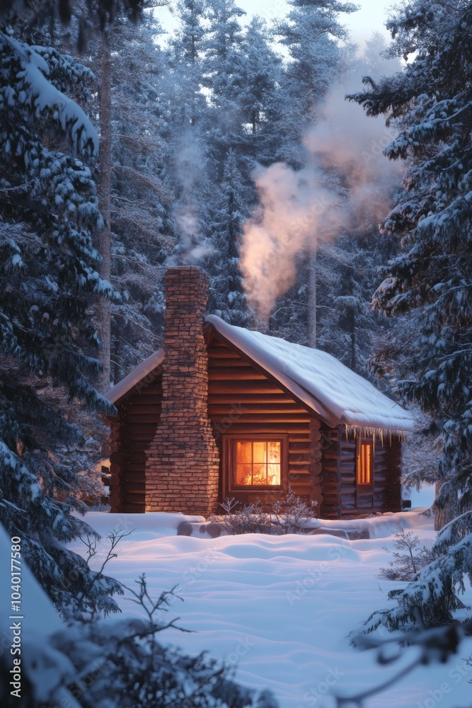 Naklejka premium Snowy Forest Cabin Retreat