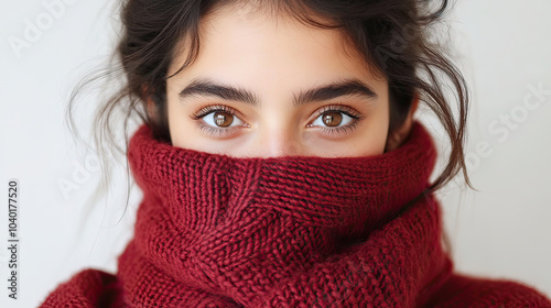 Close-up of a woman in a cozy red scarf against a neutral background showcasing her striking eyes and soft features during winter