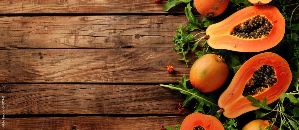 Slices of sweet papaya and rucola placed on a wooden background with halved papayas leaving space for text in the image. Copy space image. Place for adding text and design