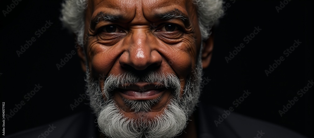 Intense close-up portrait of a wise confident black elder with a gray beard against a dark backdrop Intense close-up portrait of a wise confident black elder with a gray beard against a dark backdrop