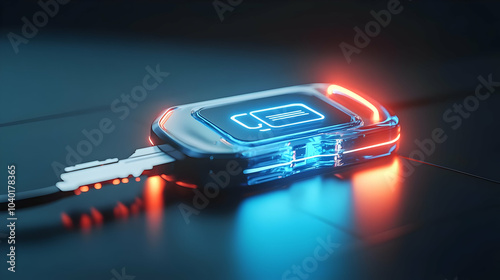 3D Holographic Electric Car Key Concept with Floating Battery Icon Animation on White Surface, Pan Shot Revealing Hologram Key and Space for Branding, Innovative Design Digital Key for Electric Vehicl photo