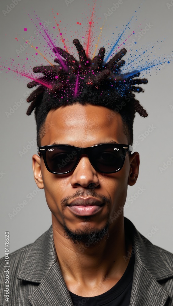 Obraz premium Creative portrait showcasing an African American man in sunglasses and vibrant hair exploding with colors symbolizing imagination