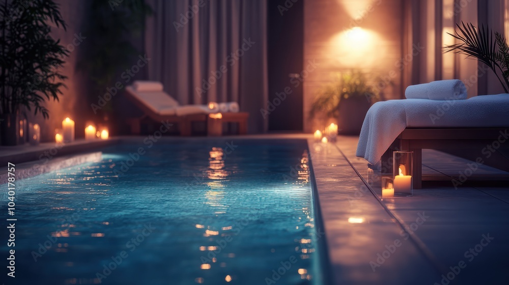 Fototapeta premium Photo of an indoor swimming pool in a spa setting with candles, white towels, and a massage table, right side empty for copy space, warm, inviting lighting