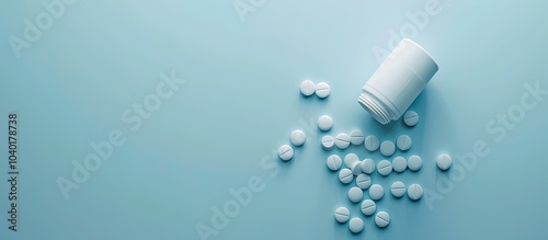 Light blue background with antibiotic pills and bottle viewed from above providing copy space image