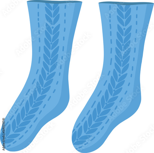 A pair of knitted blue socks with a pattern. Collection of socks, winter illustration. A set of fashionable clothes in an individual style. Vector New Year's illustration.