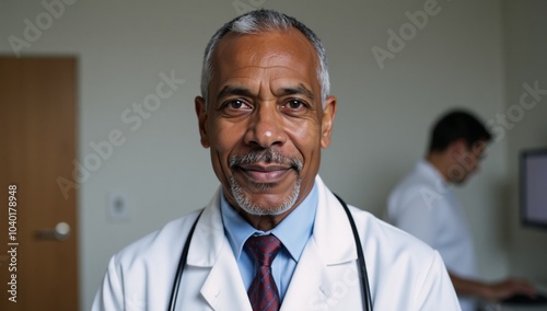 Confident African American doctor in a white coat and stethoscope portrayed as a portrait subject photo