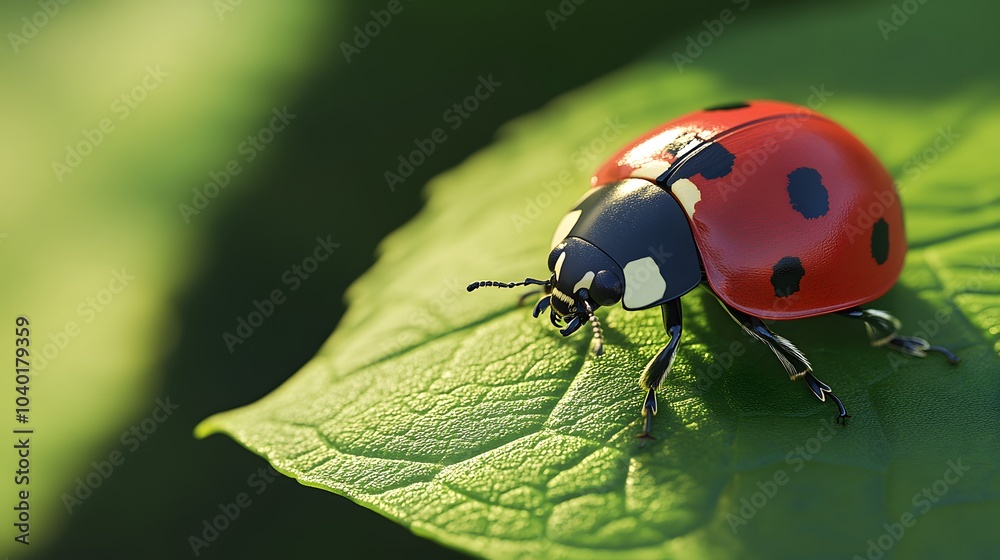 Fototapeta premium A close-up of a vibrant red ladybug with black spots perched on a green leaf, showcasing nature's beauty and detail.