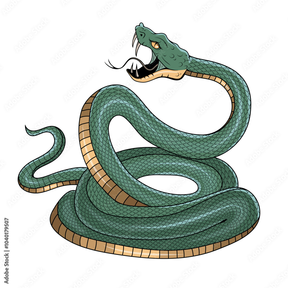 Obraz premium Snake illustration. Tattoo elements of snake skin. Vector illustration sketch of a traditional Chinese mythical animal. Green snake