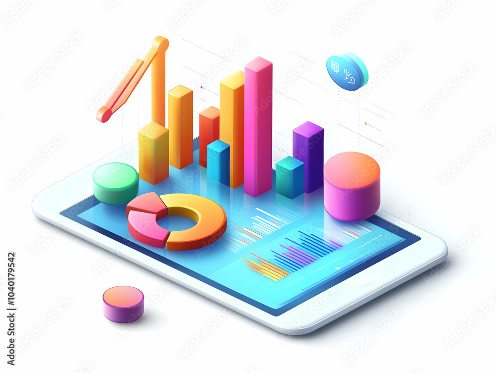 Flat Tablet on White Background with Holographic Bar Chart and Pie Chart Icons for Financial Planning, Data Analysis, Smart Business Concept, High Resolution, Ample Copy Space for Branding Flat Tablet on White Background with Holographic Bar Chart and Pie Chart Icons for Financial Planning, Data Analysis, Smart Business Concept, High Resolution, Ample Copy Space for Branding