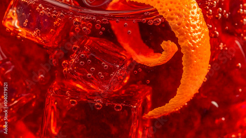 
Macro photography of a Kingston Negroni in a crystal glass, highlighting the rich red liquid and large ice cubes. The focus is on the orange twist garnish, with droplets of condensation clinging to t