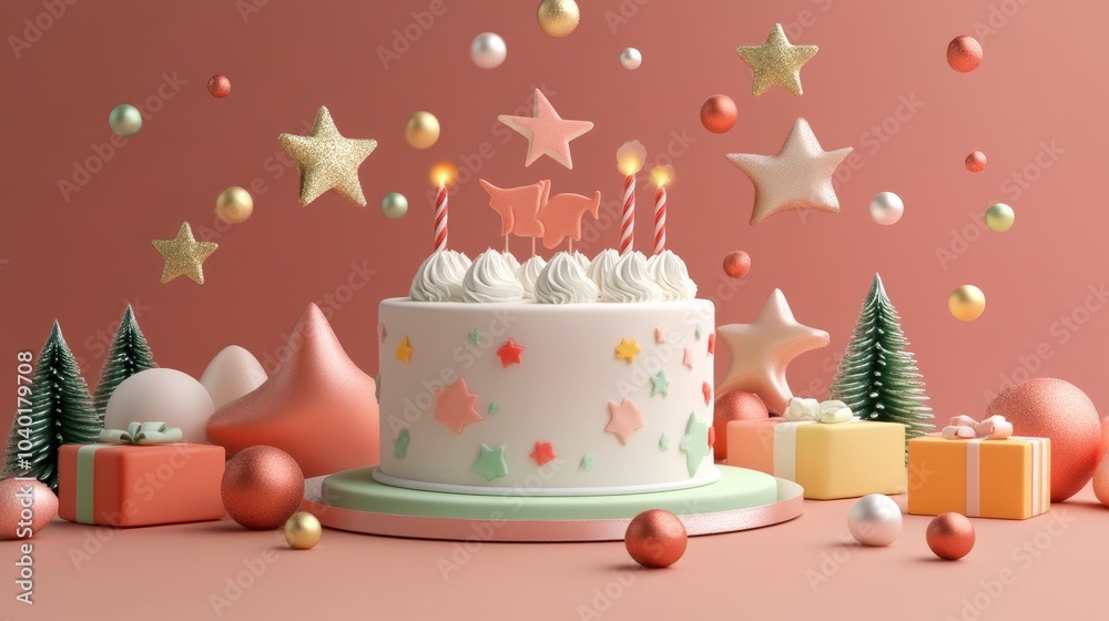 cake and gifts flat design front view 3D render, New Year Festival cake and gifts flat design front view 3D render, New Year Festival