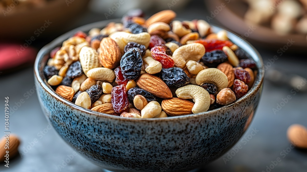 A bowl of mixed nuts and dried fruits, showcasing a colorful and healthy snack option, perfect for boosting energy and nutrition. A bowl of mixed nuts and dried fruits, showcasing a colorful and healthy snack option, perfect for boosting energy and nutrition.