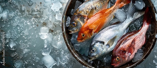 An overhead perspective of four fish and ice arranged in a metal basin with a sea themed backdrop conveying a sense of freshness and space for text or other elements in the image. Copy space image photo