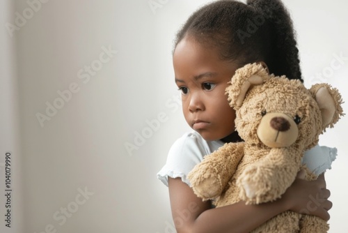 A lonely little girl clutches her teddy bear, feeling abandoned and sad, reflecting on her difficult experiences