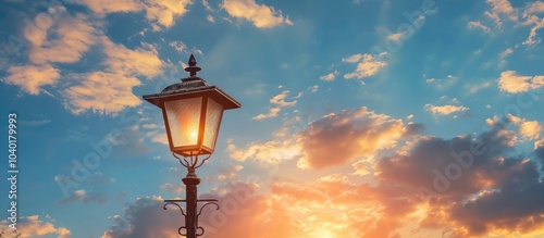 An aged solar powered garden lamp stands alone against a sky backdrop showcasing a copy space image emphasizing the sun s energy for an alternative energy concept photo