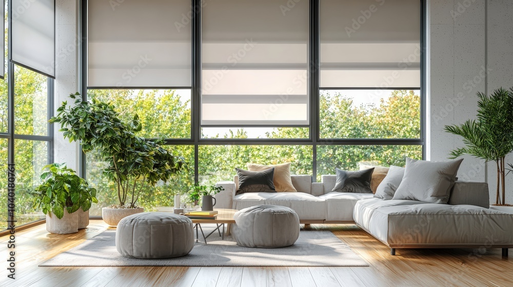 Fototapeta premium A living room with a large window and a potted plant