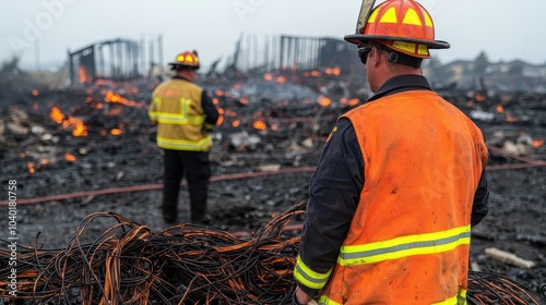 Firefighters assess the aftermath of a devastating fire amidst debris and smoke. photo