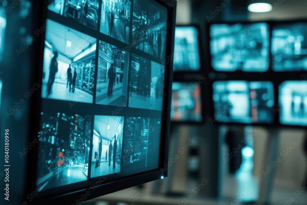 Monitors displaying busy hallway with blue tint effect. Monitors displaying busy hallway with blue tint effect.
