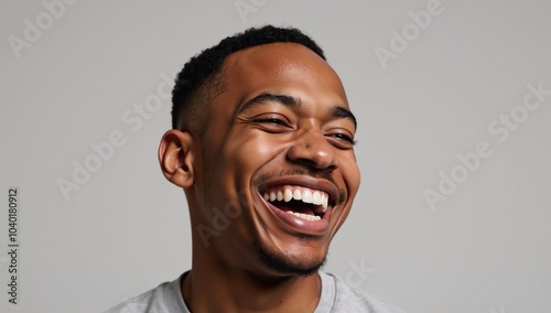 Close-up portrait of a joyful Black man laughing against a gray backdrop