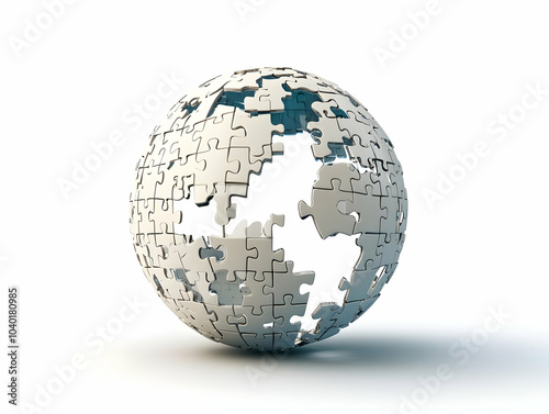 Flat Floating White Jigsaw Globe Circle Assembling Global Mental Health Awareness Concept Simple Vector Illustration, Isolated on White for Smart Business Use, Highlighting Connection and Unity