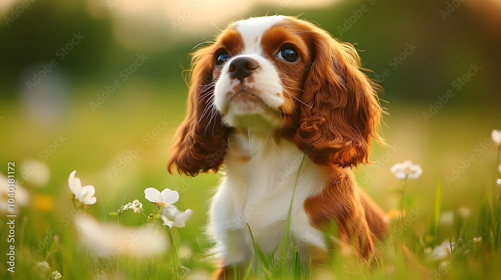 playful Cavalier King Charles Spaniel puppy exploring a meadow during a spring festival , High-resolution,Ultra-realistic,Crystal-clear playful Cavalier King Charles Spaniel puppy exploring a meadow during a spring festival , High-resolution,Ultra-realistic,Crystal-clear